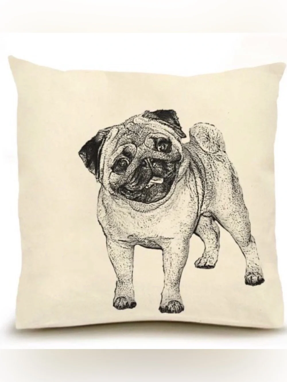 Pug Illustrated Throw Pillow - Cream with Black Print